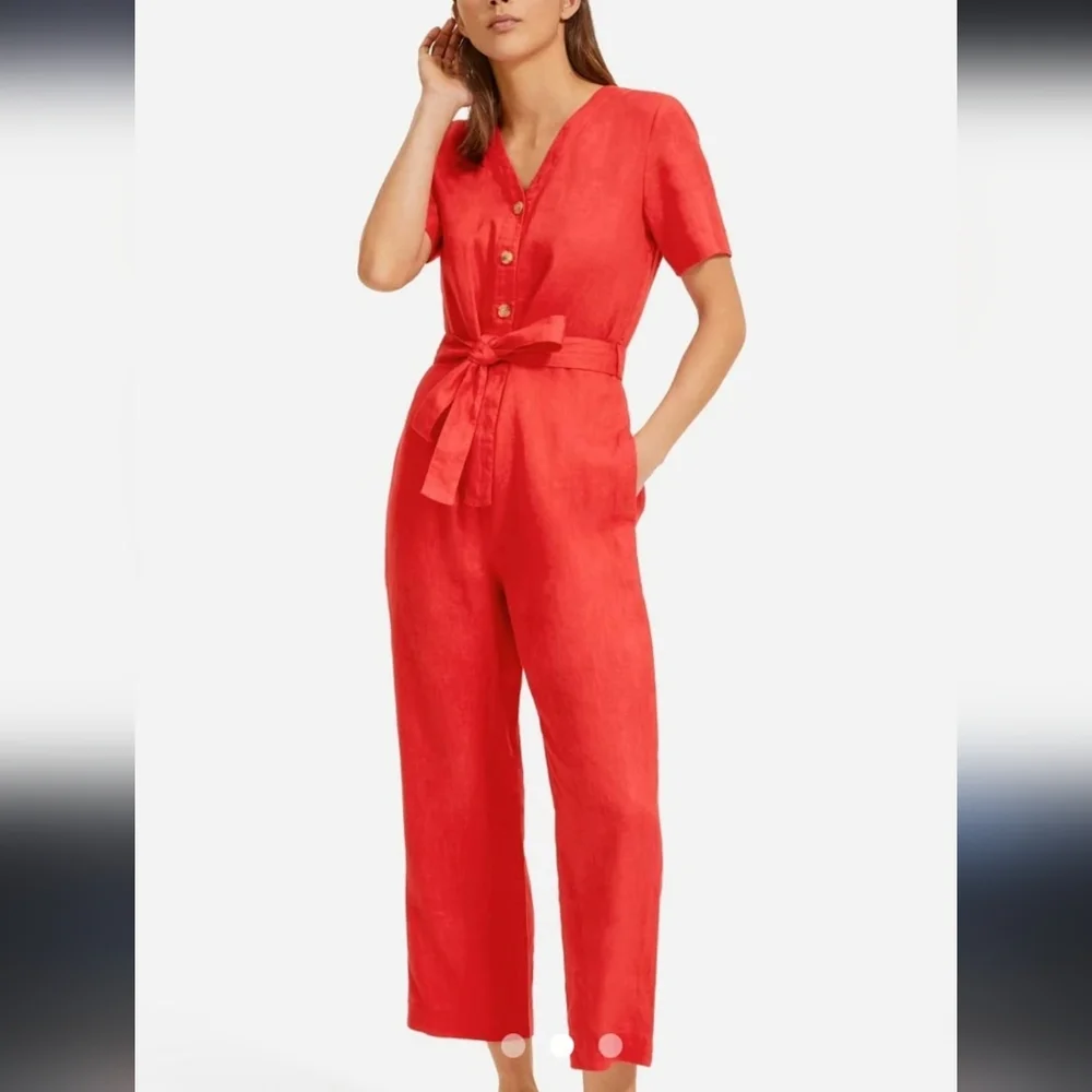 Everlane 100% Linen Short Sleeve Cropped Straight‎ Leg Jumpsuit in Red Size 4